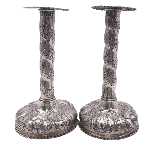 Pair of Sterling Silver Candlesticks in Repousse Pattern