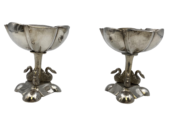 Pair of 19th c. Continental Silver Swan-Decorated Dishes