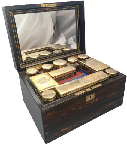 English Wooden Necessaire Case With Glass & Gilt Jars