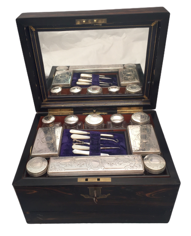 Wooden Necessaire Case With Glass and Silver Jars