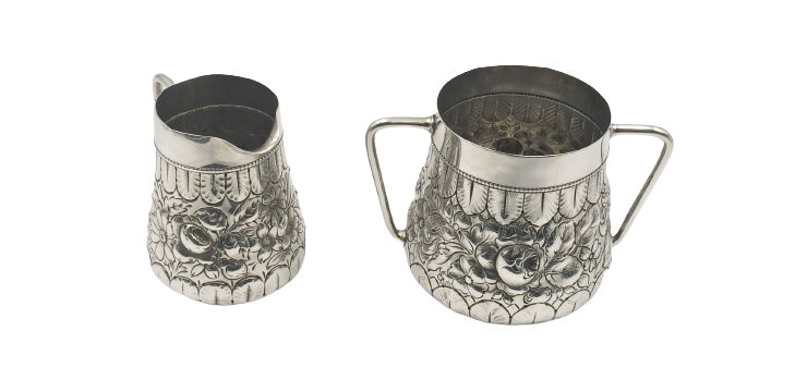 Gorham 1890 Sterling Silver Creamer & Sugar in Repousse Floral Pattern