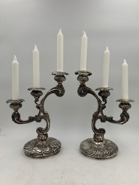 Leuchars English 1889 Pair of 3-Light Sterling Silver Candelabra in Rococo Style