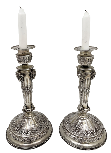 Pair of Continental Chased Silver Candlesticks from 19th Century with Rams' Heads