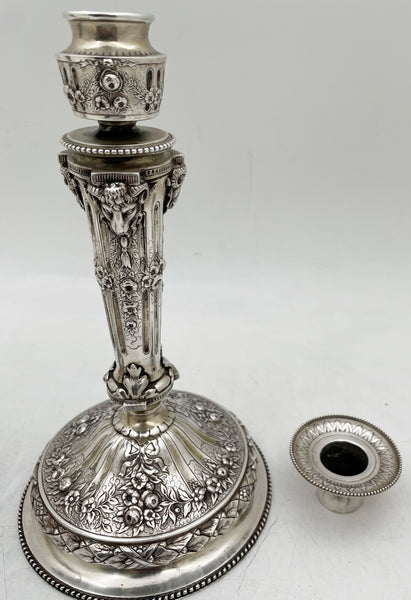 Pair of Continental Chased Silver Candlesticks from 19th Century with Rams' Heads