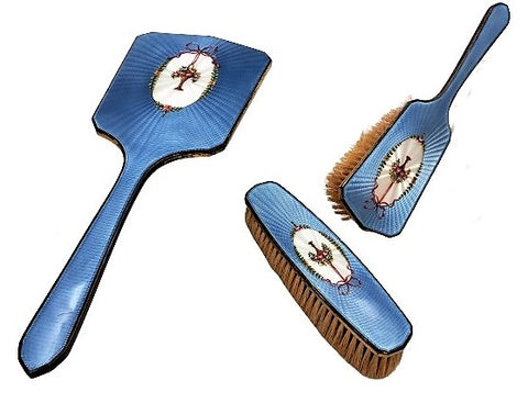 3-Piece Brush & Mirror Set With Hand-Wrought Silver Handles & Enamel Inlay, Circa 1910