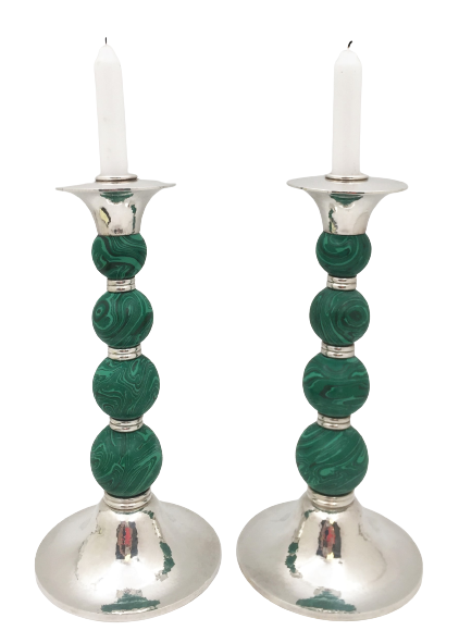 Crawford Sterling Silver and Malachite Candlesticks in Mid-Century Modern Style