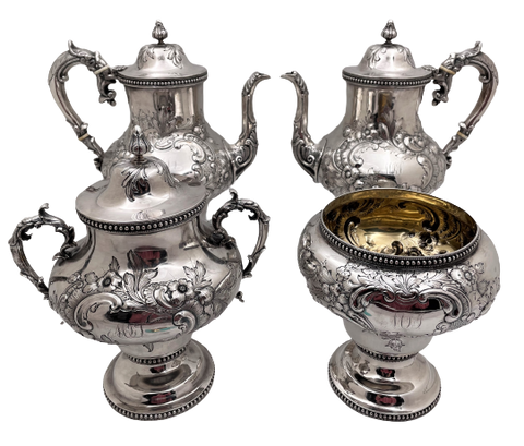 Robbins, Clark & Biddle Large Sterling Silver 19th Century 4-Piece Tea Set in Repousse Pattern