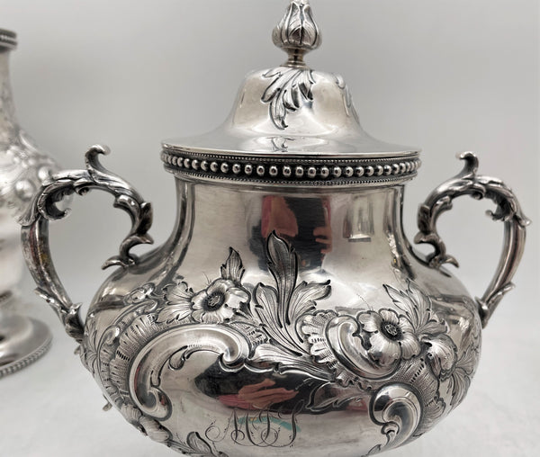 Robbins, Clark & Biddle Large Sterling Silver 19th Century 4-Piece Tea Set in Repousse Pattern