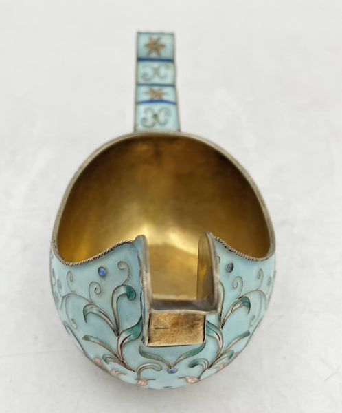 Russian Blue Cloisonne Enamel Silver Kovsh in Faberge Style