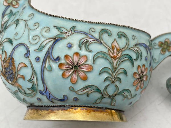 Russian Blue Cloisonne Enamel Silver Kovsh in Faberge Style