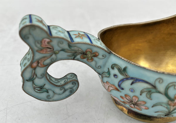 Russian Blue Cloisonne Enamel Silver Kovsh in Faberge Style