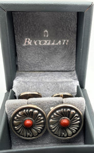 Buccellati Italian Pair of Sterling Silver & Jasper Floral Cufflinks