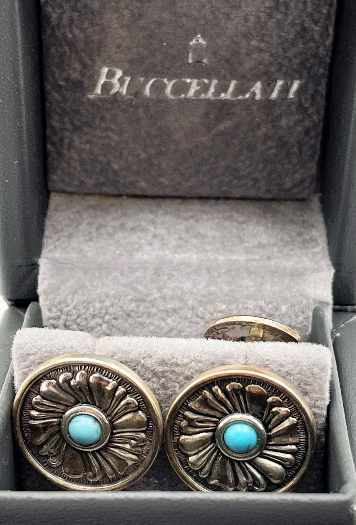 Buccellati Italian Pair of Sterling Silver & Turquoise Floral Cufflinks
