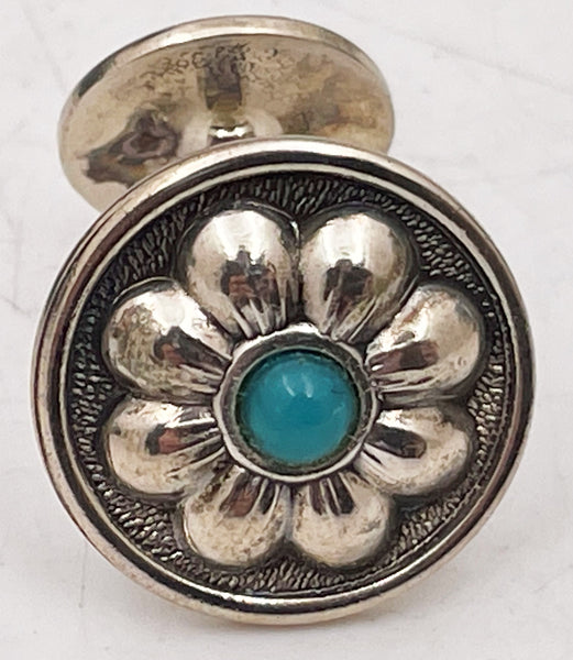 Buccellati Italian Pair of Sterling Silver & Turquoise Cufflinks in Floral Design