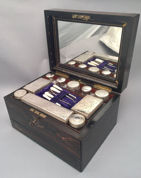 Wooden Necessaire Case With Glass and Silver Jars