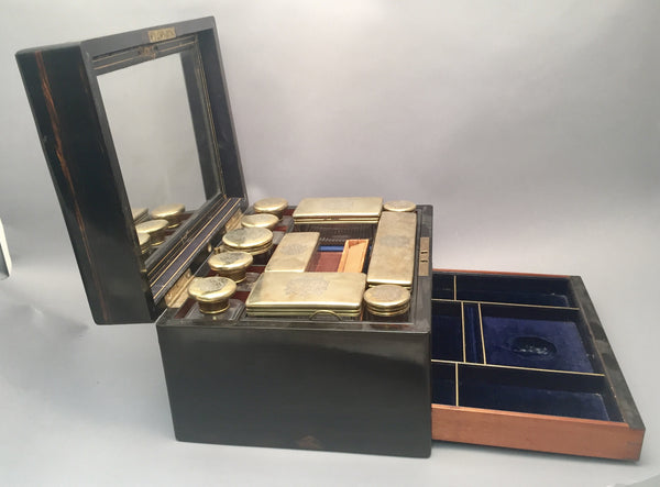English Wooden Necessaire Case With Glass & Gilt Jars