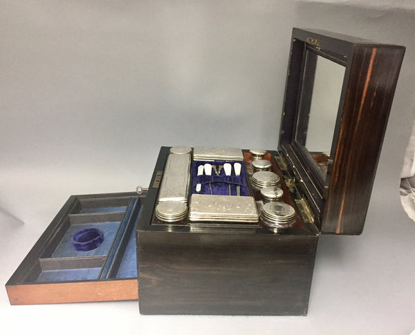 Wooden Necessaire Case With Glass and Silver Jars